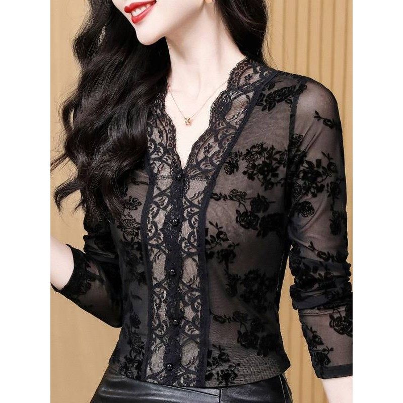 2026秋季新款蕾丝V领长袖加绒打底衫女内搭洋气时尚百搭显瘦上衣,淘宝优惠券,粉丝福利购,淘宝优惠卷