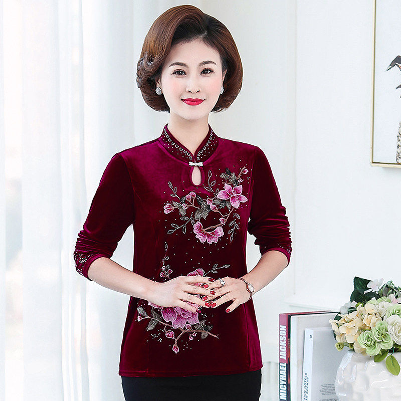 妈妈装春秋金丝绒绣花长袖T恤中老年女旗袍领复古上衣唐装打底衫,淘宝优惠券,粉丝福利购,淘宝优惠卷