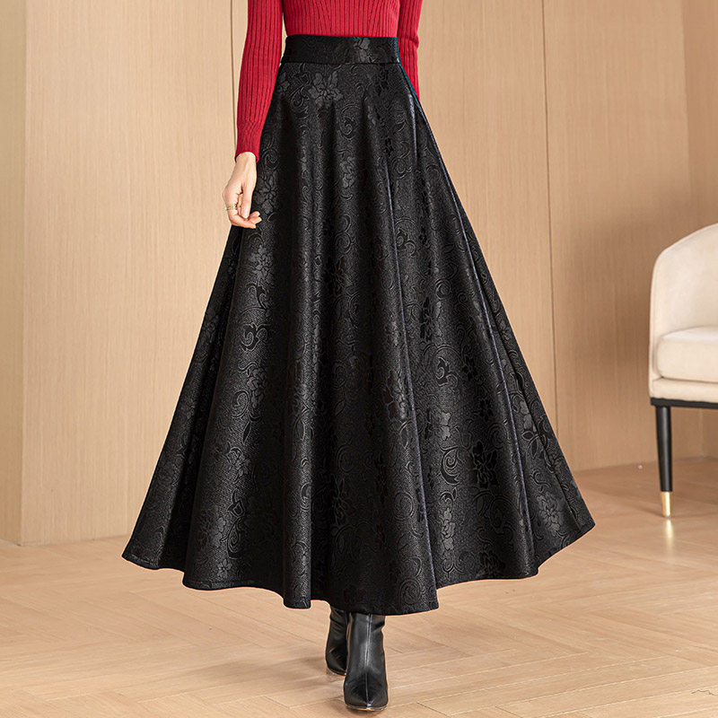 秋冬新款黑色提花大摆半身裙女气质高腰A字裙显瘦大码跳舞长裙子,淘宝优惠券,粉丝福利购,淘宝优惠卷