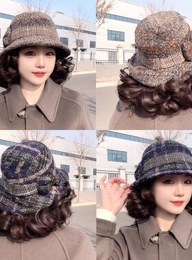 帽子假发一体女秋冬时尚气
