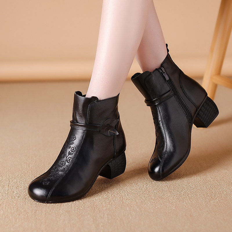 粗跟女棉鞋加绒2026冬季短靴复古软底真皮妈妈鞋绣花民族风鞋勃肯,淘宝优惠券,粉丝福利购,淘宝优惠卷