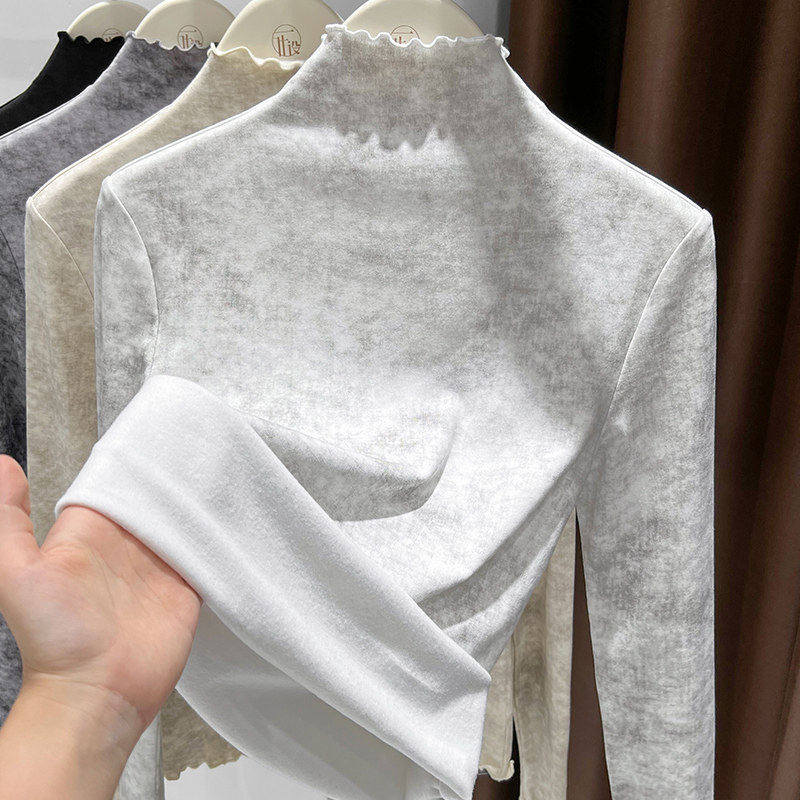 半高领加绒保暖上衣国风扎染木耳边打底衫女秋冬高级感内搭可外穿,淘宝优惠券,粉丝福利购,淘宝优惠卷