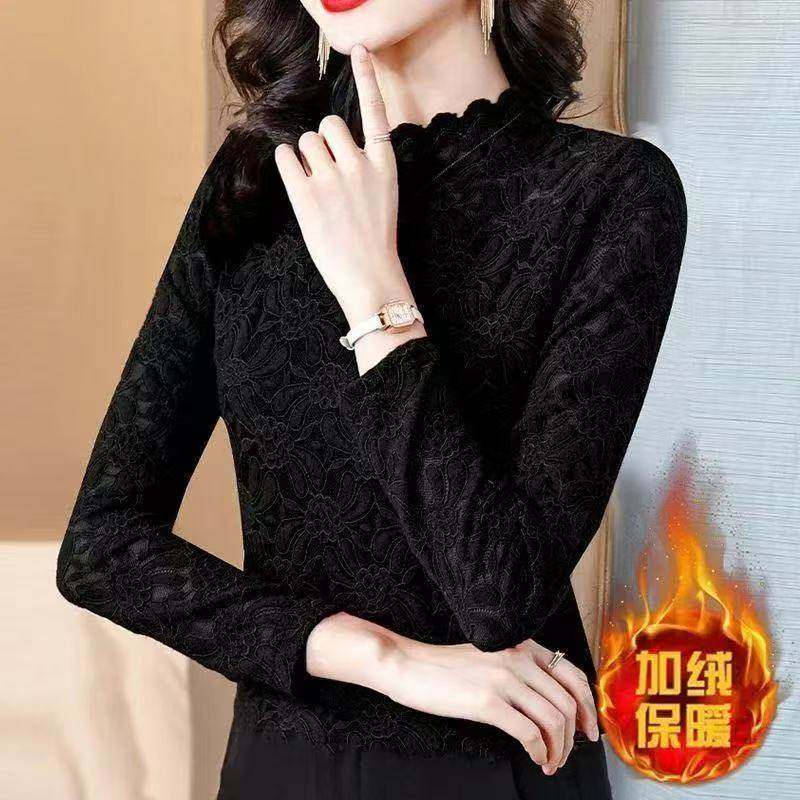 法式半高领蕾丝衫加绒打底蕾丝上衣女显瘦长袖网红洋气时尚针织衫,淘宝优惠券,粉丝福利购,淘宝优惠卷