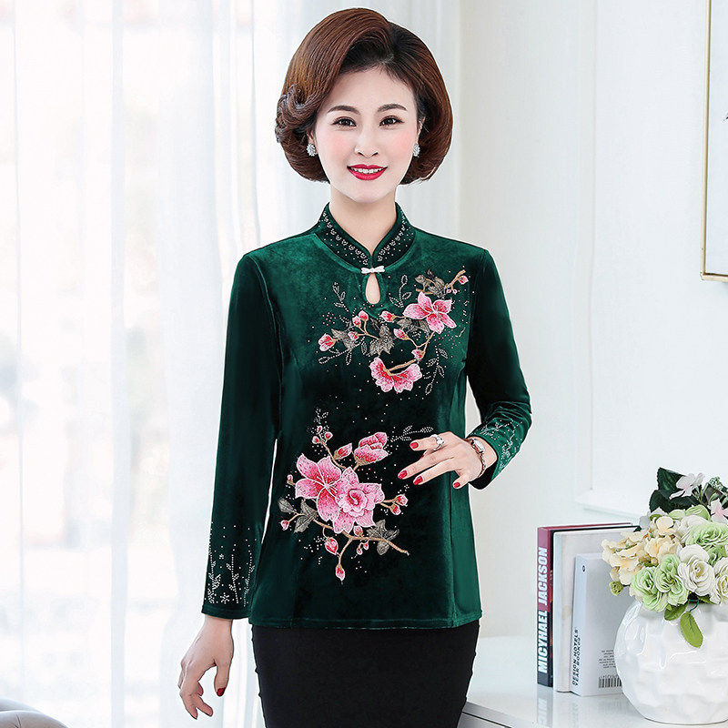 妈妈装春秋金丝绒绣花长袖T恤中老年女旗袍领复古上衣唐装打底衫,淘宝优惠券,粉丝福利购,淘宝优惠卷