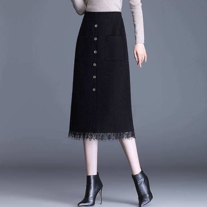 毛线包臀裙秋冬百搭中长款针织半身裙女洋气显瘦高腰口袋半截冬裙,淘宝优惠券,粉丝福利购,淘宝优惠卷