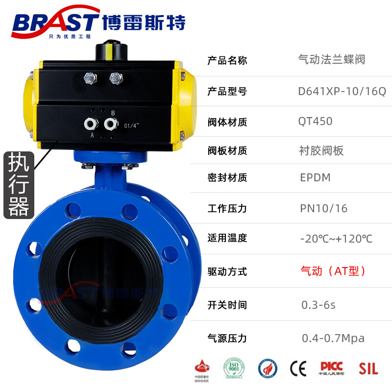 K气动法兰全衬胶蝶阀D641J-10/16Q 球墨铸铁阀体衬胶板ATGT国标 - 图0