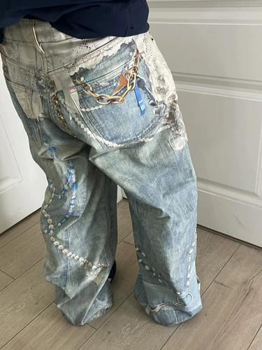 AC风格25FW 蕾丝珍珠链条3D打印印花直筒弯刀牛仔裤jennie同款 - 图2