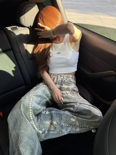 AC风格25FW 蕾丝珍珠链条3D打印印花直筒弯刀牛仔裤jennie同款 - 图1