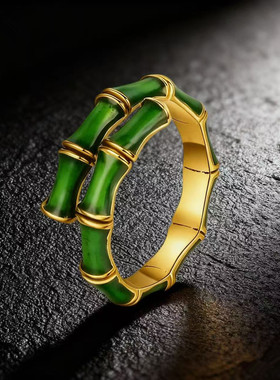 热卖开口竹节戒指珐琅滴油绿色竹子戒指女独特设计感指环戒指