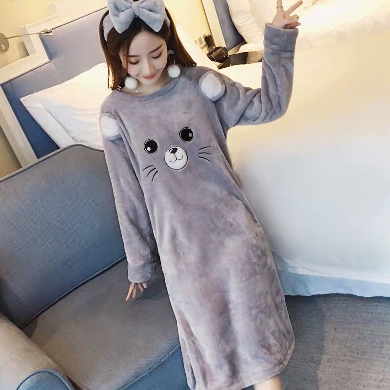 珊瑚绒睡裙女秋冬季条纹帕恰狗睡衣休闲大码保暖法兰绒冬天连衣裙