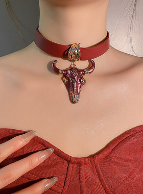 辣妹夸张牛头吊坠项链锁骨链颈链