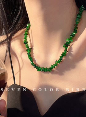 夏季绿色几何石头串珠项链锁骨链