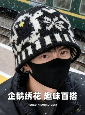 大头围黑色复古针织帽