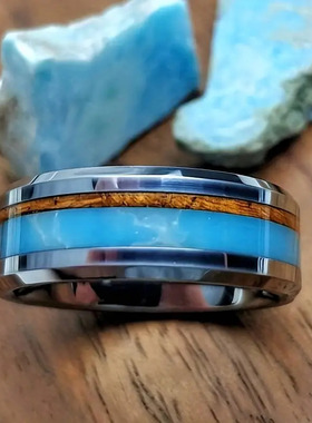 欧美跨境不锈钢戒指时尚创意银色平面开槽斜槽花现货镶嵌澳宝木纹