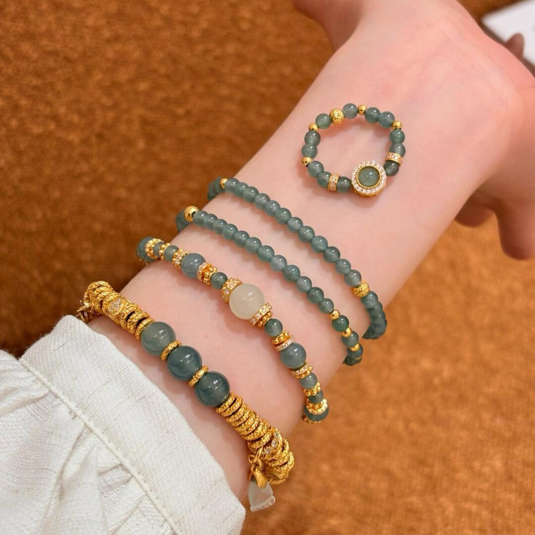 Natural ice permeable dangerous material blue water jade millet bead necklace multi-circle bracelet ring set sweater chain temperament versatile