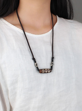 民族风西藏玛瑙九眼天珠颈链项链男简约百搭佛系棉麻配饰毛衣链女