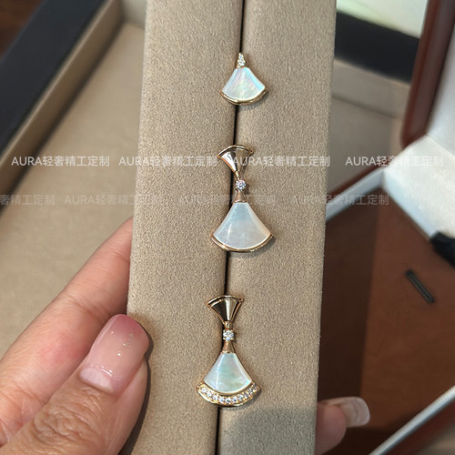 AURA轻奢小裙子耳环18K金扇形耳钉天然白贝母红玉髓高级扇子耳坠 - 图3