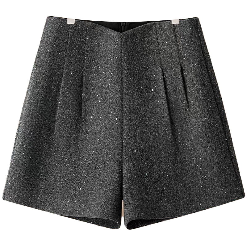 灰色高腰毛呢短裤女秋冬2025年新款亮片百搭外穿显瘦A字休闲靴裤,淘宝优惠券,粉丝福利购,淘宝优惠卷