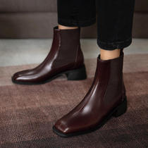 European and American retro square head Chelsea Martin boots female Inn wind dermis with wine red polenta rough with short boots