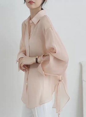 薄款天丝防晒衣衬衫女夏季宽松透视外搭空调开衫披肩冰丝雪纺