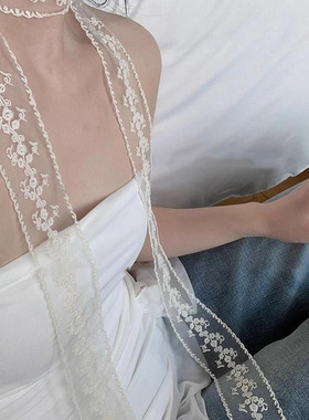 法式复古长条丝巾女系脖高级感领巾2025新款春夏白色蕾丝飘带