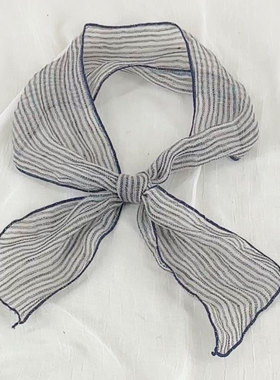 出口日韩细条纹窄小透气文艺亚麻丝巾女春秋季百搭装饰护颈小