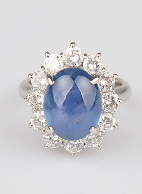 中古「95新」日本进口商品凸圆形星光蓝宝石钻石铂金900 50号戒指