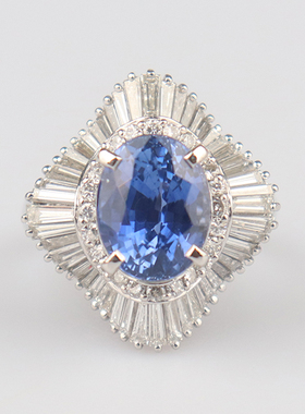 中古「95新」日本进口斯里兰卡矢车菊蓝璀璨蓝宝石钻石戒指铂金