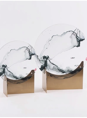 中式金属亚克力水墨装饰摆件新中式样板间客厅柜书房酒柜屏风摆设