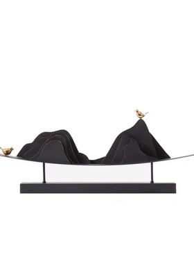 新中式铁艺假山摆件书房创意玄关小鸟工艺品样板房间软装饰品