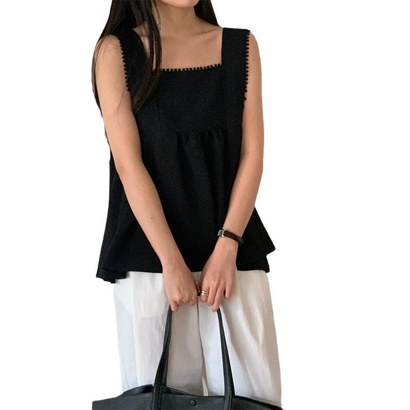 韩国chic26夏日新品法式小众方领花边拼接无袖背心上衣减龄娃娃衫,淘宝优惠券,粉丝福利购,淘宝优惠卷