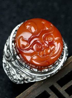 天然凉山南红玛瑙S925银戒面镶嵌