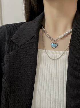 个性时尚石珠爱心吊坠双层项链女