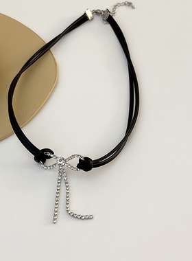 皮质锆石蝴蝶结项链choker女甜酷