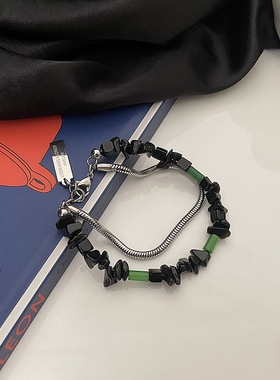 国潮原创黑色碎石双层钛钢手链