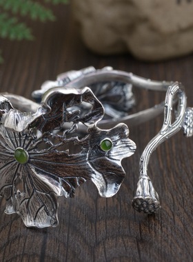 入梦 原创s990足银荷叶手镯 子荷花莲花天然和田玉开口手环礼物女