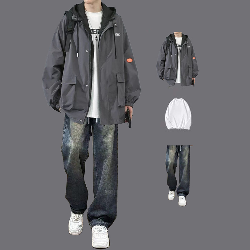 春秋季冲锋衣套装男款假两件连帽工装夹克外套男生宽松美式三件套 - 图0