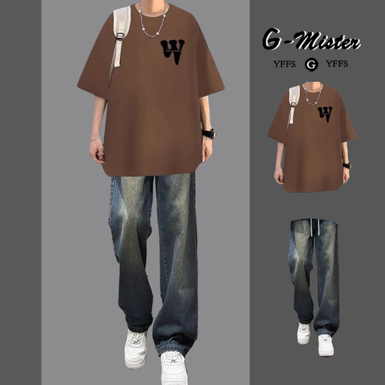 纯棉短袖套装男休闲穿搭一整套夏季搭配高街牛仔裤男装学生两件套