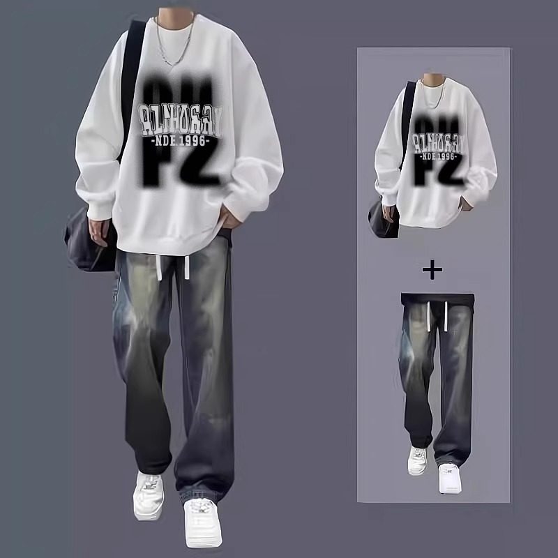 圆领卫衣男套装2024新款秋冬季加绒长袖美式上衣男装一套搭配帅气,淘宝优惠券,粉丝福利购,淘宝优惠卷