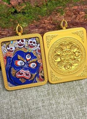 西藏热贡半手绘描金唐卡六臂玛哈嘎拉大黑天挂件手工描金唐卡