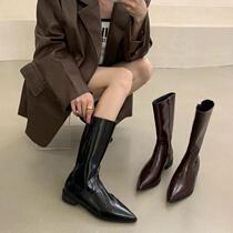 Tide Cards Coarse Heels Western Cowboy Boots 2023 New Autumn Winter Pointed Paint Leather Black Midbarrel Skinny Boots