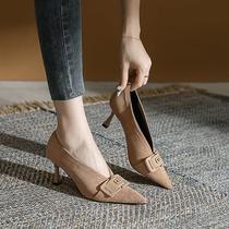 Ocnlantiy Retro Career Pointy Leather Single Shoe Woman 2023 Autumn Winter New Womens Shoes Add Suede Fine Heel Heels