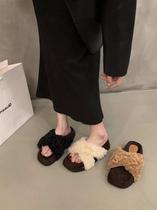 Tide Card Thick Bottom Sheep Rolls Fur Shoes Womens Shoes Outwear 2023 New Autumn Winter Soft Bottom Ins Plush Cotton Slippers