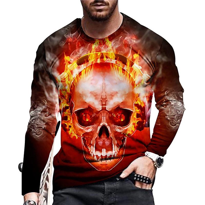 New Skull 3D Digital Round Neck T-Shirt Men&#39;s Long S - 图3