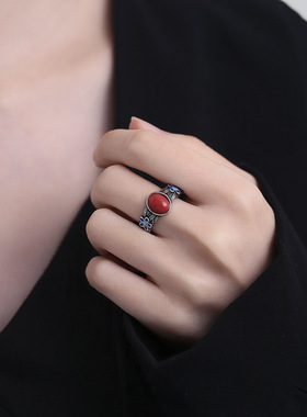 宫廷风仿南红花朵戒指女复古高级感新中式开口可调节创意食指指环