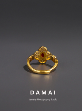 古法金色花丝镶嵌红石戒指女