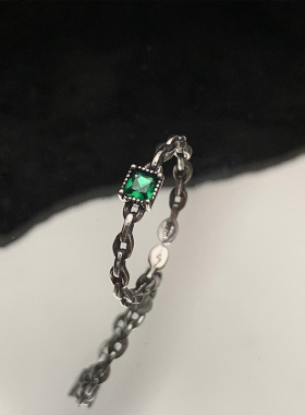 祖母绿锆石链条开口戒指女2022年新款潮小众设计时尚个性轻奢高级