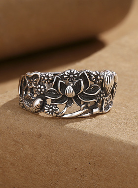 复古民族风莲花锦鲤开口戒指做旧工艺小众设计感古典文艺开口指环