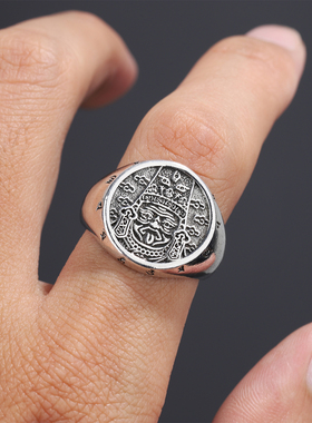 DAMAI 复古做旧唐卡黑财神赞布绿那布金刚不动佛六字真言开口戒指