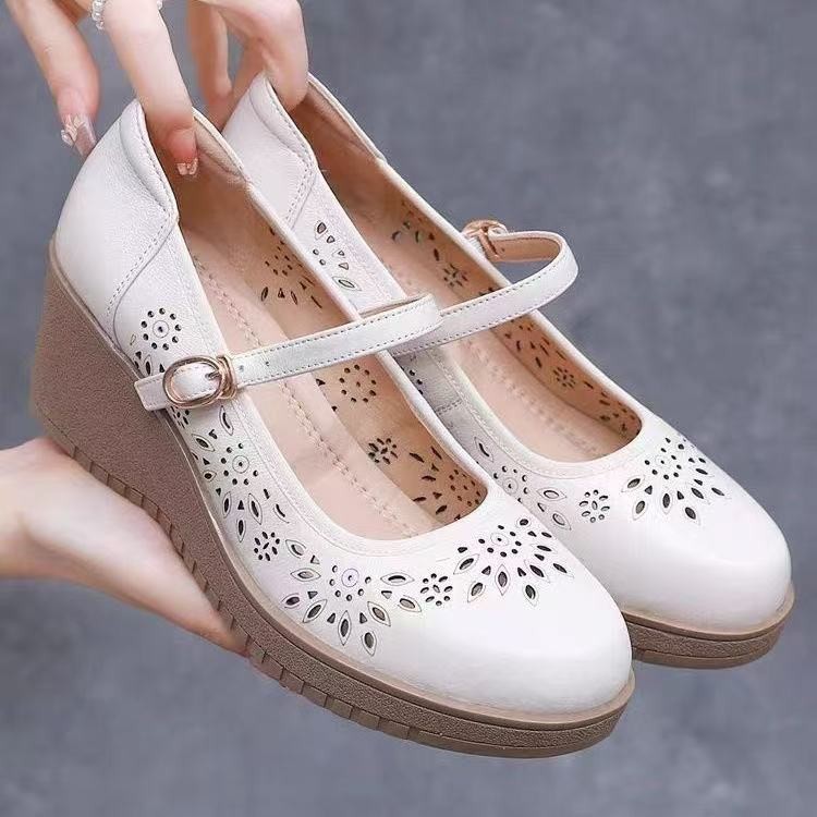 真皮夏法式玛丽珍女鞋厚底高跟坡跟浅口一字扣芭蕾单鞋镂空洞洞 - 图1